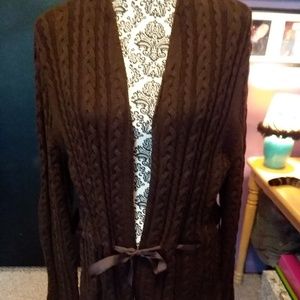 Chaps Brown knit cardigan sweater ribbon tie